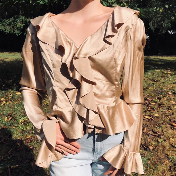 Bloomingdale's Tops - Bloomingdale’s 100% Silk Gold Blouse with Ruffles
